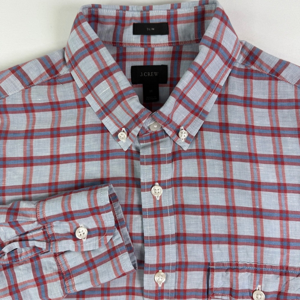 J.Crew Baird McNutt Irish Linen Slim Plaid Button Down Shirt Mens M Red Blue